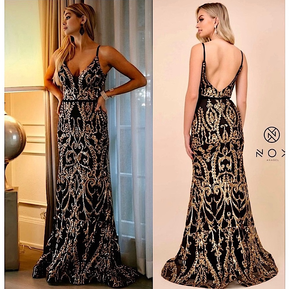 Brand new Narianna Black and gold sequin Quinceanera Prom Formal ballgown